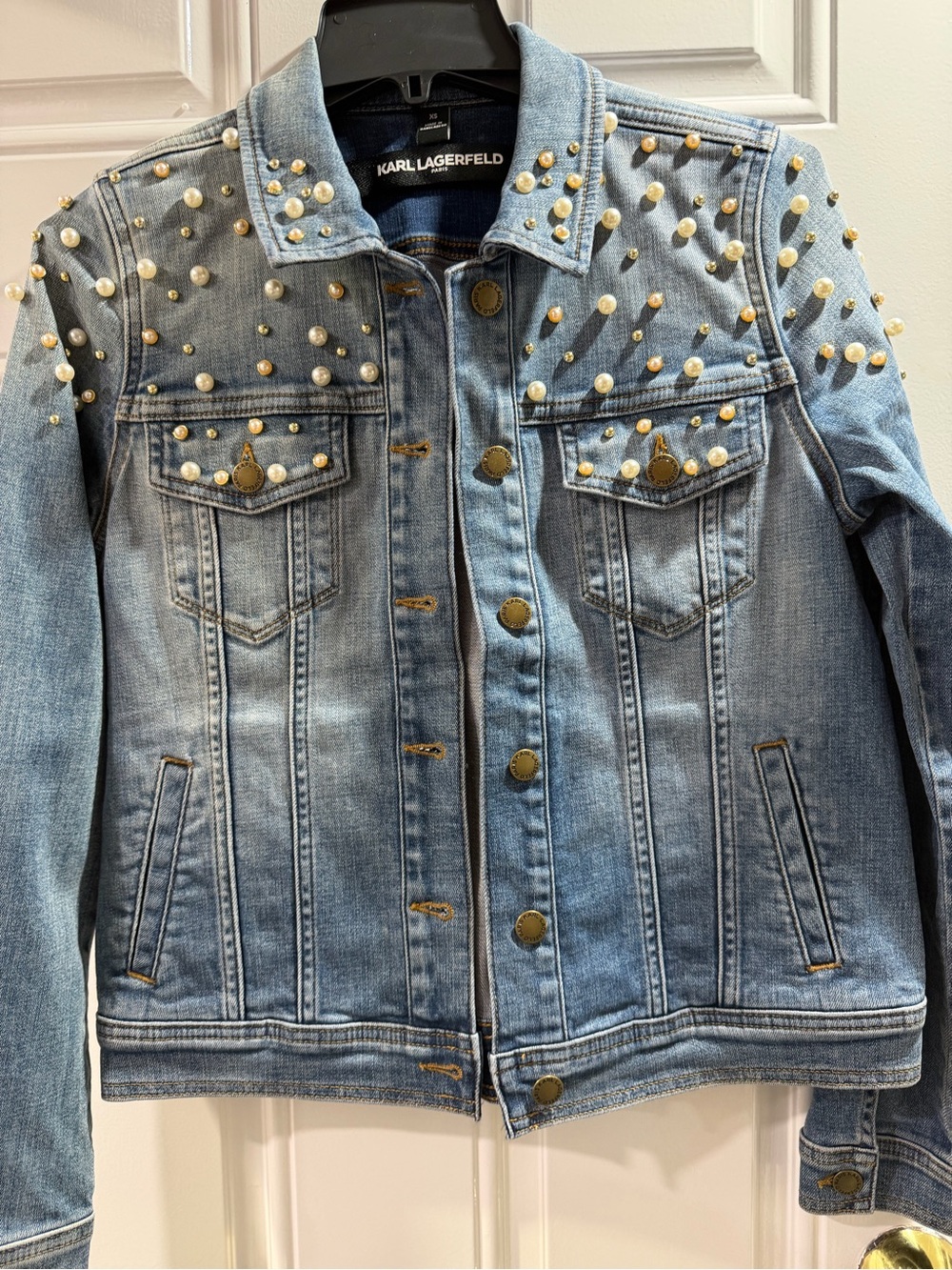 Karl Lagerfeld Light Blue Denim Jacket with Pearl Studs